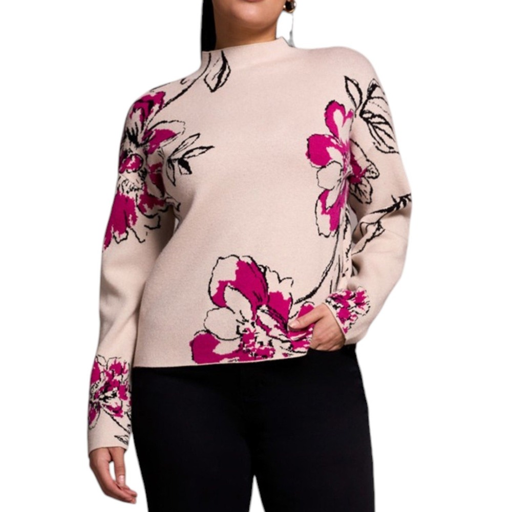 Tribal Floral Funnel Neck Sweater Womens XL Pink Flambe Floral Long Sleeve NWOT